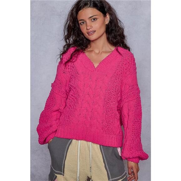 POL Cable-Knit Solid V-Neck Cropped Sweater - Picture 9 of 11